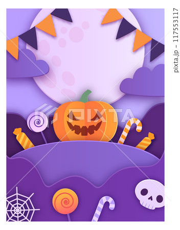 Scary pumpkin halloween card in paper cut style Scary pumpkin halloween card in paper cut style 117553117