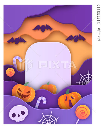 Halloween cemetery scene background in paper cut style 117553119