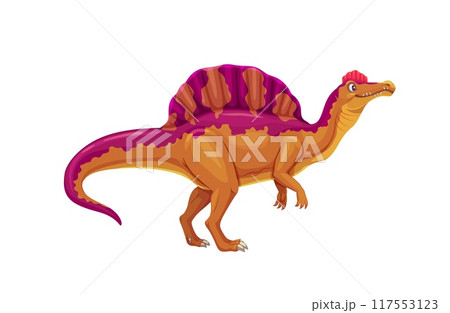 Oxalaia prehistoric dinosaur. Isolated cartoon vector dino reptile animal with prominent sail-like spine, purple and orange skin and crest on its head, stands side profile view. paleontology science 117553123