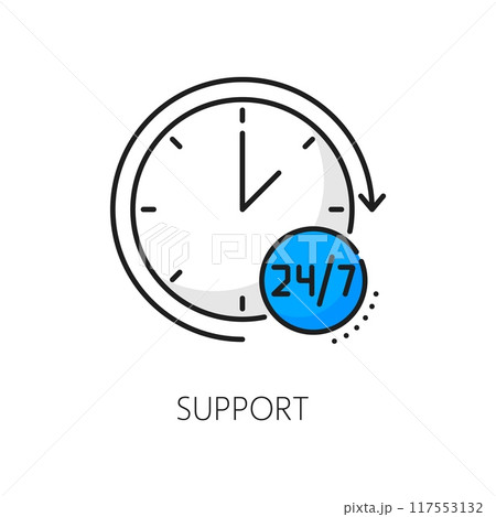 24 7 support color line icon of logistics, delivery, shipping and cargo carriage service. Vector outline clock dial with open hours, 24 7 customer assistance work time symbol of watch with round arrow 117553132