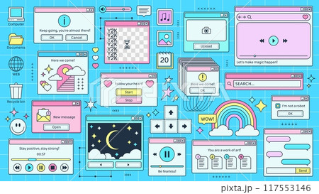 Y2K windows and retro browser pages of PC computer screen, cartoon vector background. Retro 90s Y2K computer interface windows of browser tab, loading or search bar and music player and folder icons 117553146