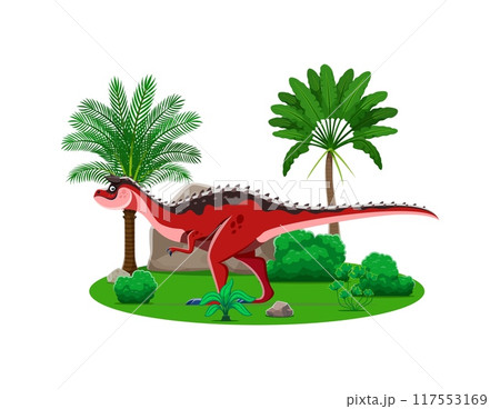 Carnotaurus prehistoric dinosaur character. Isolated cartoon vector carnivorous ancient reptile. Dino predator in a lush, vibrant tropical landscape with banana and palm trees, green bush and rock Carnotaurus prehistoric dinosaur character. Isolated cartoon vector carnivorous ancient reptile. Dino predator in a lush, vibrant tropical landscape with banana and palm trees, green bush and rock 117553169