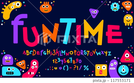 Funny cute font, comic typeface, children game type, creative childish english alphabet with cartoon color monster characters. Funky letters and numbers font, cute funny abc characters and symbols 117553171