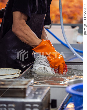 Worker Washing a Colander in a Sink 117553186