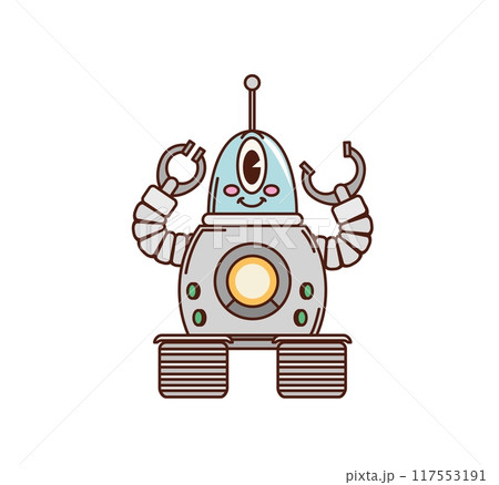 Cartoon robot retro groovy character or alien space robotic bot on wheels, vector android machine. Groovy retro cartoon robot of funky cyborg droid on wheels with funny cute smile and mechanical arms Cartoon robot retro groovy character or alien space robotic bot on wheels, vector android machine. Groovy retro cartoon robot of funky cyborg droid on wheels with funny cute smile and mechanical arms 117553191