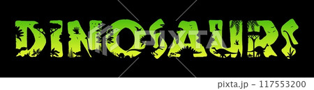 Dinosaurs in jungle rainforest sunset silhouette of prehistoric lizards, vector Jurassic park background. Dinosaurs with forest trees in cut letters silhouette, prehistoric lizard reptiles and birds Dinosaurs in jungle rainforest sunset silhouette of prehistoric lizards, vector Jurassic park background. Dinosaurs with forest trees in cut letters silhouette, prehistoric lizard reptiles and birds 117553200