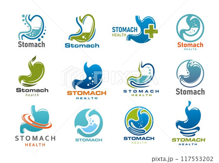 Stomach medical icons. Digestion health care, digestive tract or gastrointestinal system organ vector symbols of gastroenterology medicine. Stomach and gut silhouettes with intestinal gas bubbles 117553202