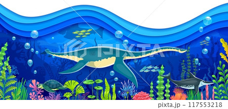 Prehistoric underwater dinosaurs vector banner with sea water wave paper cut border. Cartoon funny jurassic marine monster characters, prehistoric fish school, giant megalodon shark, archelon turtle Prehistoric underwater dinosaurs vector banner with sea water wave paper cut border. Cartoon funny jurassic marine monster characters, prehistoric fish school, giant megalodon shark, archelon turtle 117553218