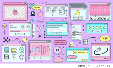 Y2K retro browser windows page of computer interface or PC screen, cartoon vector. Retro 90s Y2K computer display windows of internet browser tabs, loading bar and music player on pink background 117553233