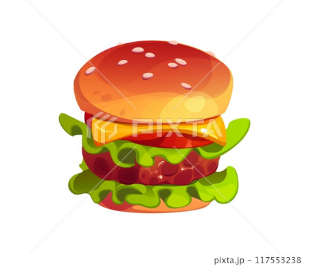 Cartoon fast food burger with sesame seed bun, crisp lettuce, melted cheese and thick juicy beef patty perfectly layered with fresh tomato and onion slices. Isolated vector delicious cheeseburger meal 117553238