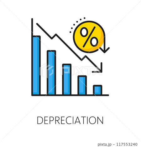 Depreciation color line icon with decline bar graph and percent vector symbol. Inflation, economic crisis, business and finance recession, money loss and bankruptcy outline sign with decrease chart 117553240