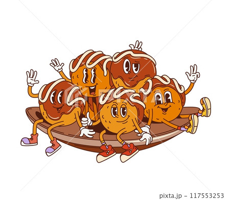 Cartoon retro groovy Japanese Takoyaki characters of Asian food, vector funky art. Groovy funny happy Takoyaki balls snack on plate with smiling faces and yummy thumb up gesture for Japanese cuisine 117553253