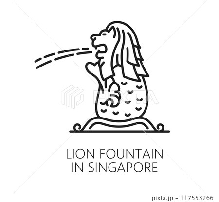 Singapore merlion lion fountain vector line icon of Asia travel landmark, vacation and tourism. Famous singaporean fountain outline symbol of lion with fish tail statue, merlion park travel landmark 117553266