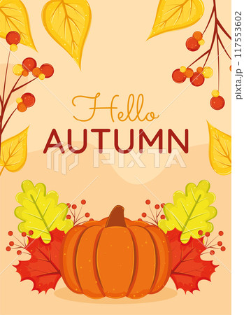 Autumn greeting card with pumpkin and fall leaves Vector Autumn greeting card with pumpkin and fall leaves Vector 117553602