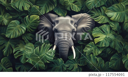 An elephant is hidden in the foliage of a jungle, AI 117554091