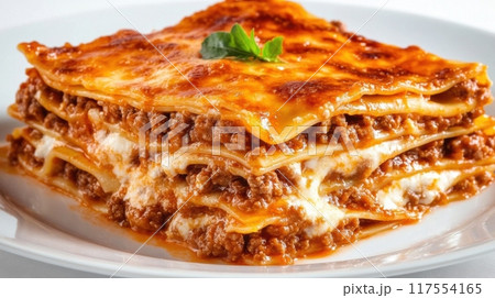 A close up of a plate with lasagna on it, AI A close up of a plate with lasagna on it, AI 117554165