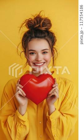 A woman in yellow shirt holding a red heart over her head, AI 117554186