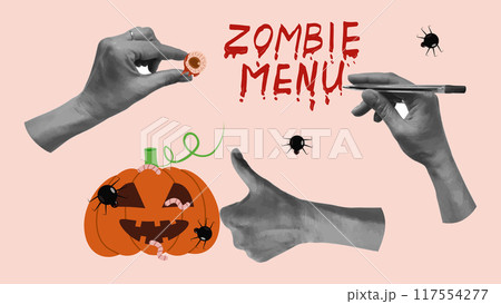 Halloween halftone collage set hands. Cut paper. Hand gestures. Zombie menu. Creepy pumpkin with worm eyes and spiders. Effect cut paper from newspaper. Design banner festive party advertising. Halloween halftone collage set hands. Cut paper. Hand gestures. Zombie menu. Creepy pumpkin with worm eyes and spiders. Effect cut paper from newspaper. Design banner festive party advertising. 117554277
