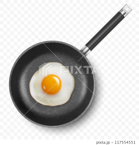 Vector 3d Realistic Fried Egg in the Frying Pan, Closeup Isolated in Top View. Design Template of Scrambled Eggs, Fried Egg, Omelette. Delicious Breakfast, Food, Culinary Concept 117554551