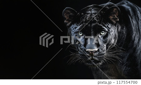 A black panther with green eyes staring into the camera, AI 117554700