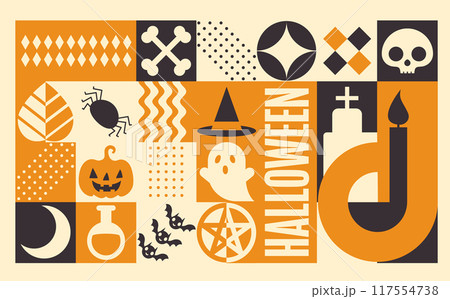 Halloween Abstract Geometric Bauhaus design background. Happy Halloween greeting card, poster. Vector horizontal banner. Modern Holiday ornament, minimal Scandinavian retro shapes pumpkin, bat, ghost 117554738