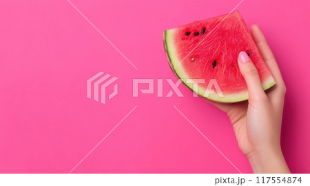 A hand holding a slice of watermelon on pink background, AI A hand holding a slice of watermelon on pink background, AI 117554874