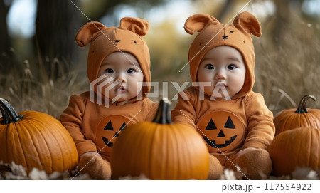 Two babies in halloween costumes sitting on the ground next to pumpkins, AI 117554922