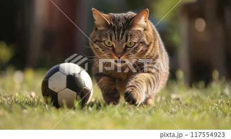 A cat walking towards a soccer ball on the grass, AI 117554923