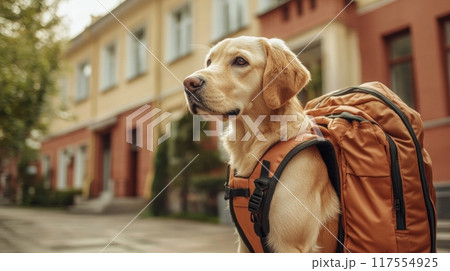 A dog with a backpack on in front of buildings, AI 117554925