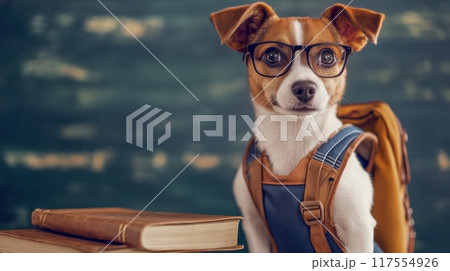 A dog wearing glasses and a backpack standing next to books, AI 117554926