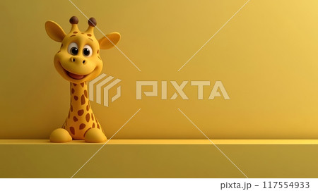 A cartoon giraffe sitting on a shelf with yellow background, AI 117554933