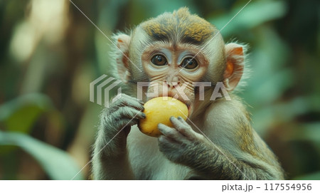 A small monkey eating a piece of fruit in the jungle, AI 117554956