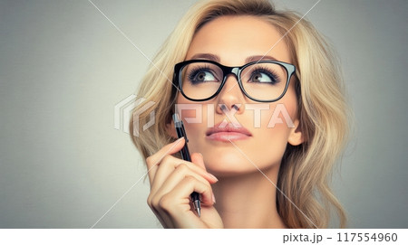A woman with glasses holding a pen and looking at it, AI 117554960