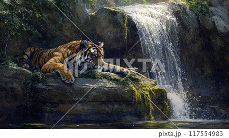 A tiger is resting on a rock near the waterfall, AI 117554983