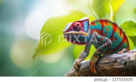 A colorful chameleon sitting on a branch with green leaves, AI A colorful chameleon sitting on a branch with green leaves, AI 117555035