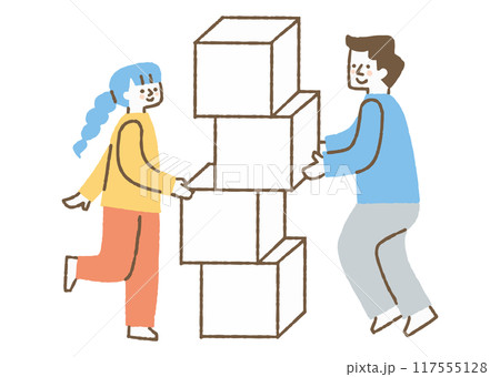 箱を積み重ねている男性と女性_色 117555128