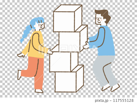 箱を積み重ねている男性と女性_色 117555128