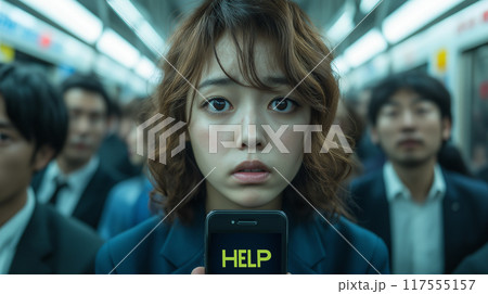 満員電車でスマートフォンで助けを求める女性 117555157