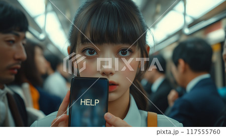 満員電車で助けを求める女子高生 117555760