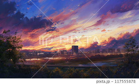 手前の川と向こう岸の町並み、夕暮れ時の風景 117555878