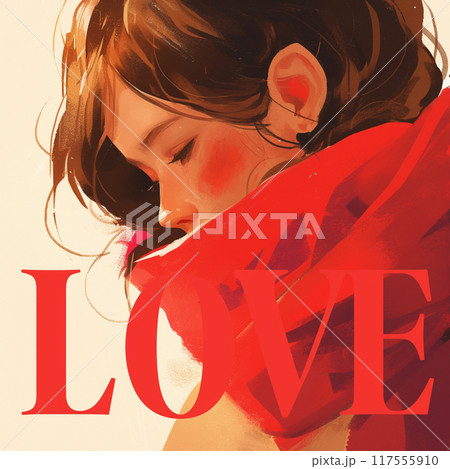”LOVE”の文字と赤いマフラーの女性 117555910