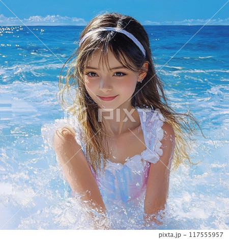 海を眺めるビキニの女性 117555957