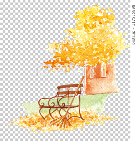 秋天的長椅和樹 117555998