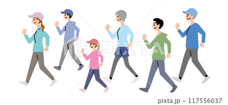健康のために3世代でウォーキングをする家族 117556037