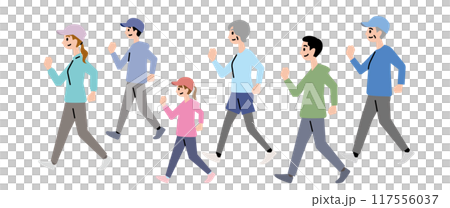 健康のために3世代でウォーキングをする家族 117556037