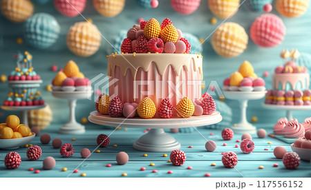 A colorful cake stands out among a variety of desserts at a graduation party, illustration A colorful cake stands out among a variety of desserts at a graduation party, illustration 117556152