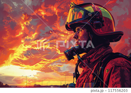 Artwork showing a man wearing a firemans helmet, International Firefighters day 117556203