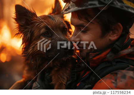 The firefighter rescues a dog, holds it in his arms, International Firefighters Day 117556234
