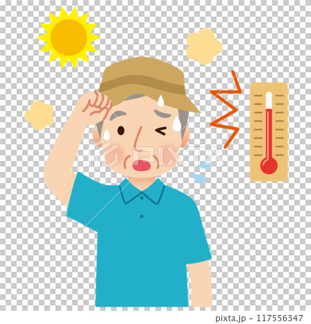 Elderly man sweating outdoors in high temperatures - heatstroke Elderly man sweating outdoors in high temperatures - heatstroke 117556347