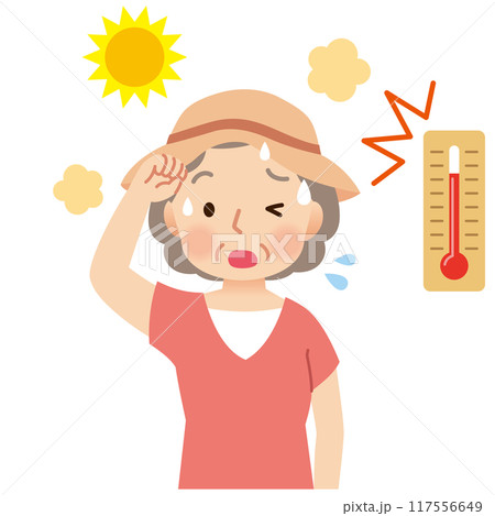 気温が高い屋外で汗をかく高齢者女性　熱中症 117556649